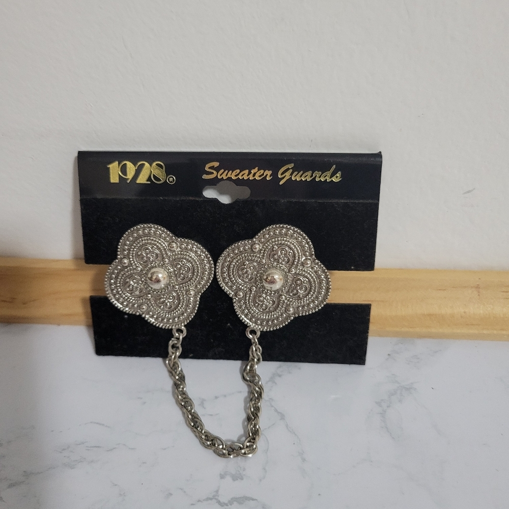 1928 Silver Filigree Sweater Guards with Chain. NEW